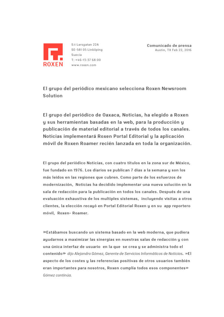 El grupo del periódico mexicano selecciona Roxen Newsroom Solution