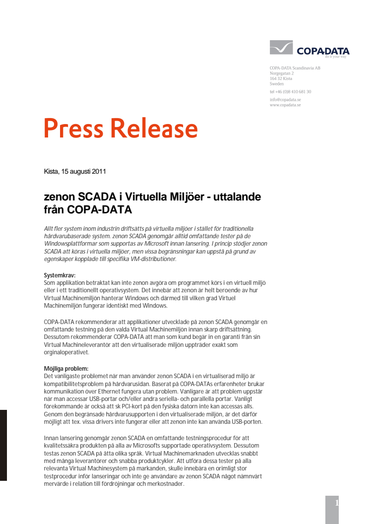 zenon SCADA i Virtuella Miljöer - uttalande från COPA-DATA