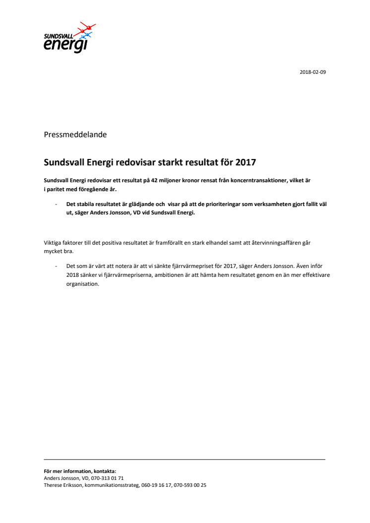 Sundsvall Energi redovisar starkt resultat för 2017