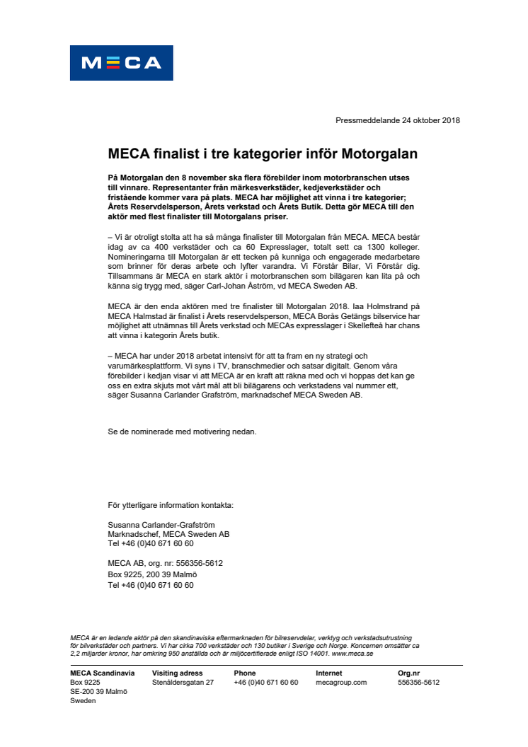 MECA finalist i tre kategorier inför Motorgalan