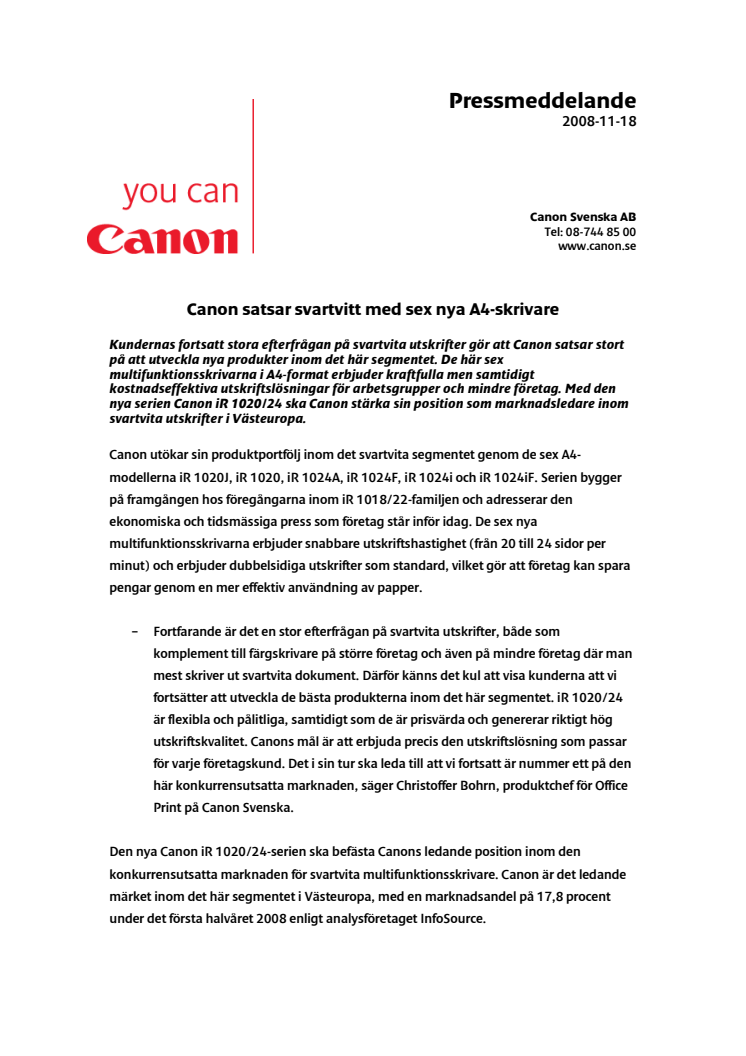 Pressmeddelande: Canon satsar svartvitt med sex nya A4-skrivare
