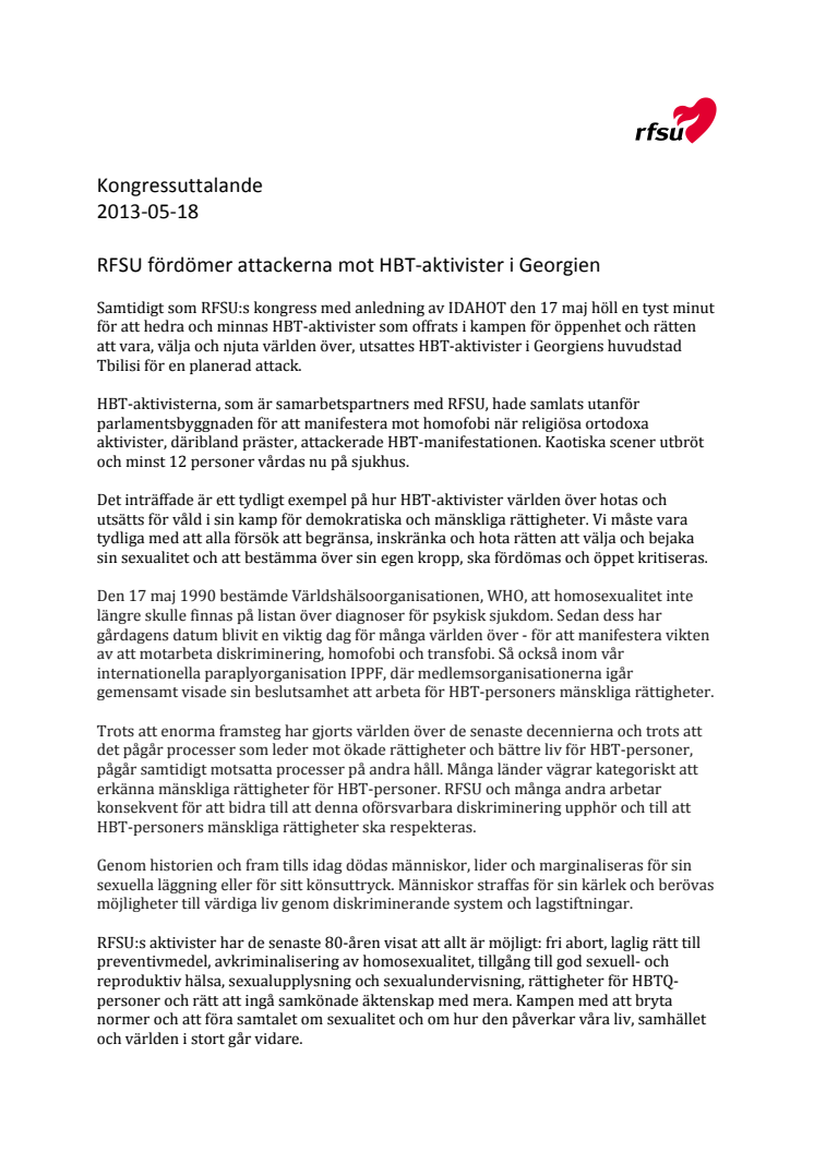 RFSU fördömer attackerna mot HBT-aktivister i Georgien