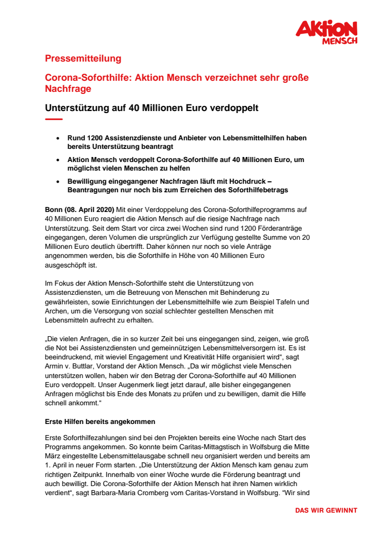 Corona-Soforthilfe: Aktion Mensch verzeichnet sehr große Nachfrage