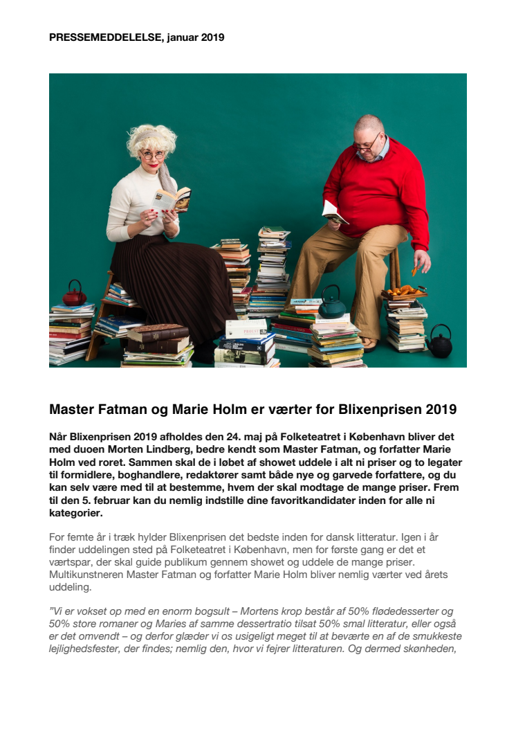 Master Fatman og Marie Holm er værter for Blixenprisen 2019 