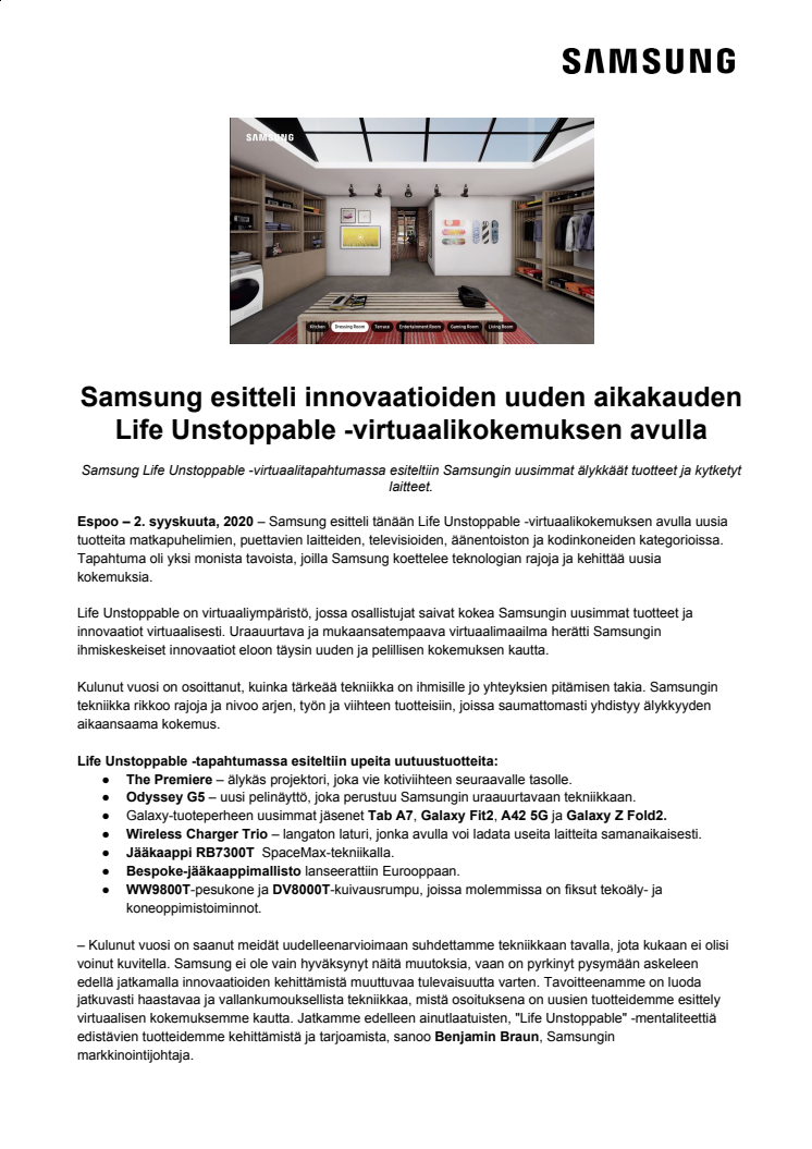 Samsung esitteli innovaatioiden uuden aikakauden Life Unstoppable -virtuaalikokemuksen avulla