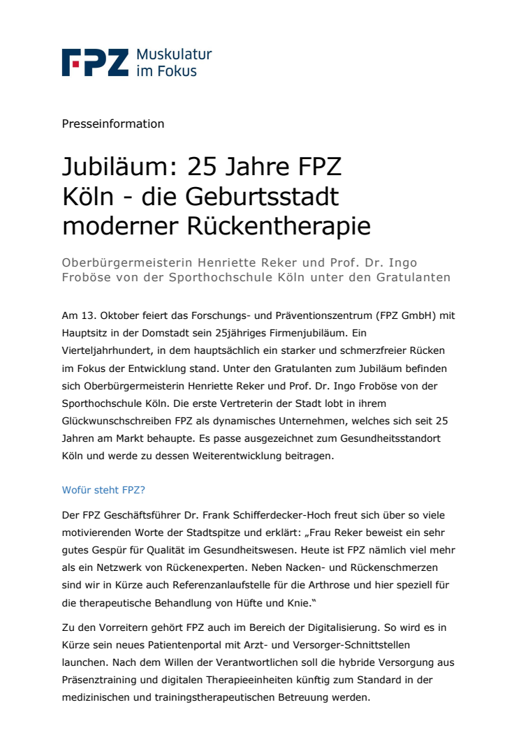 Jubiläum: 25 Jahre FPZ - Oberbürgermeisterin Henriette Reker und Prof. Dr. Ingo Froböse von der Sporthochschule Köln unter den Gratulanten