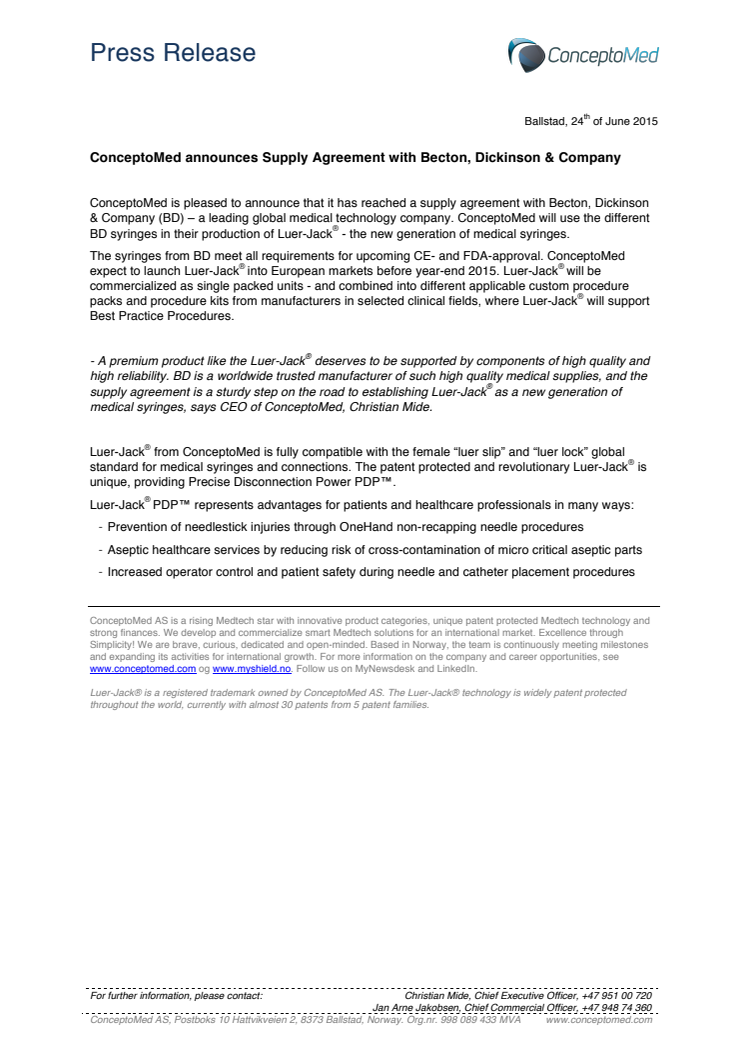 ConceptoMed announces Supply Agreement with Becton, Dickinson & Company