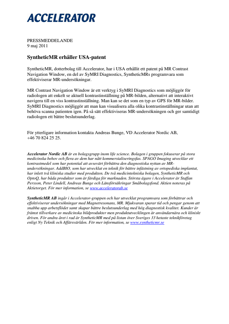 SyntheticMR erhåller USA-patent
