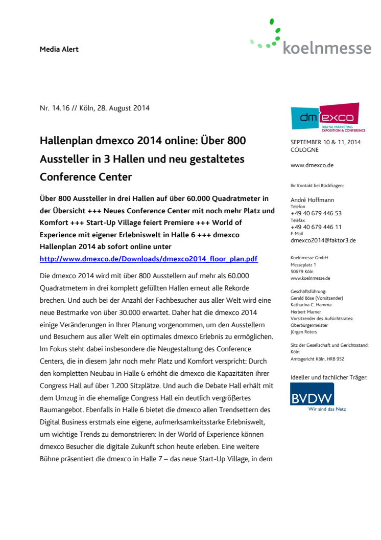 Hallenplan dmexco 2014 online: Über 800 Aussteller in 3 Hallen und neu gestaltetes Conference Center