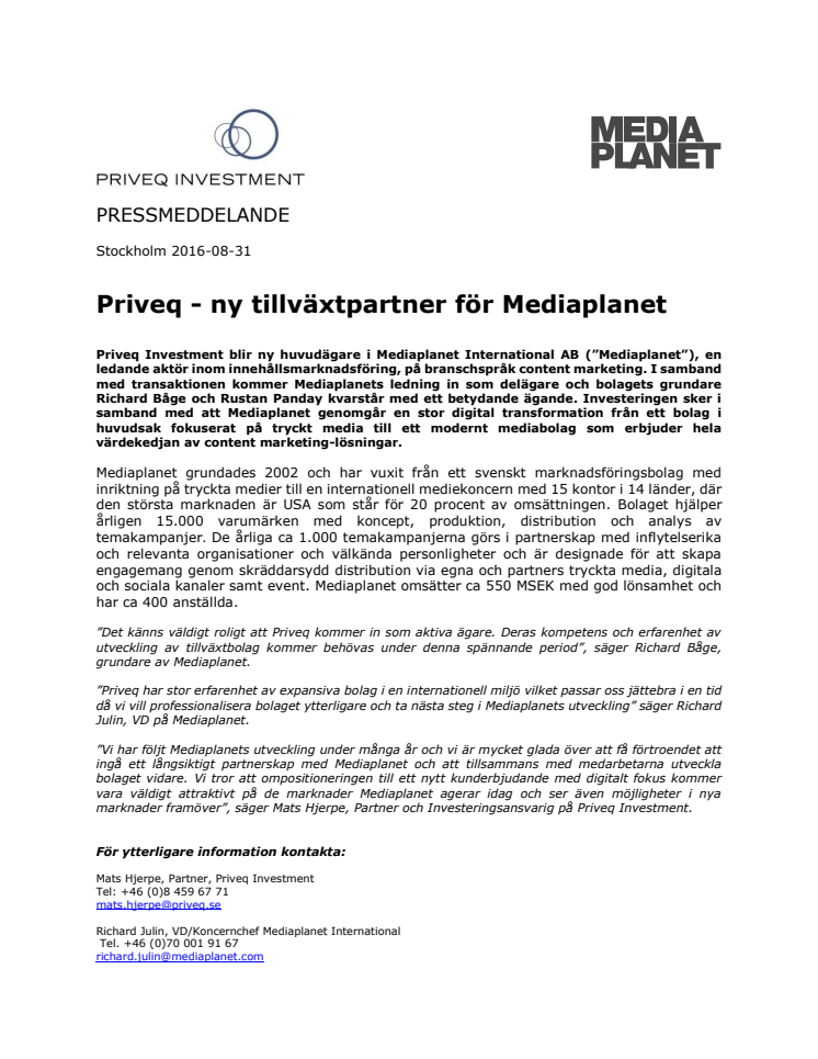 Priveq - ny tillväxtpartner för Mediaplanet