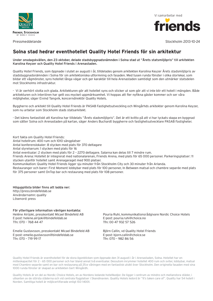 Solna stad hedrar eventhotellet Quality Hotel Friends för sin arkitektur
