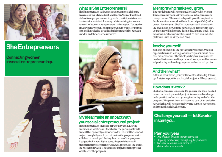 Broschyren om She Entrepreneurs SI:s nya program för kvinnor från Mellanöstern & Nordafrika