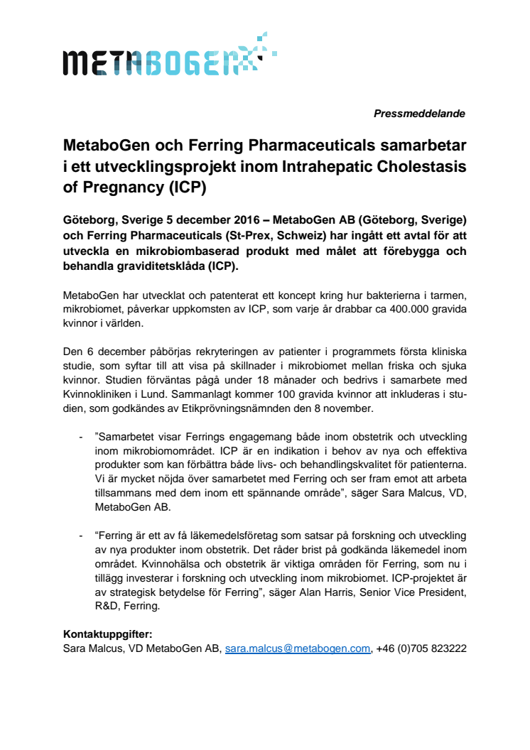 MetaboGen AB och Ferring Pharmaceuticals samarbetar i ett utvecklingsprojekt inom Intrahepatic Cholestasis of Pregnancy (ICP)
