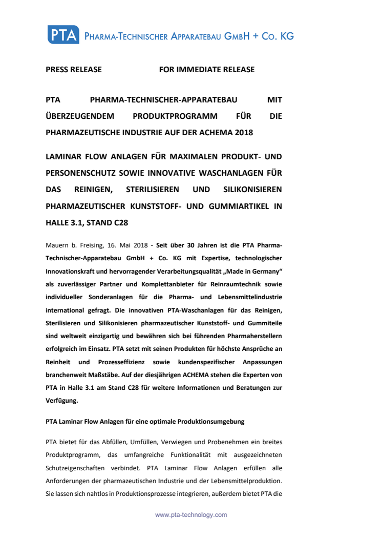 PTA PHARMA-TECHNISCHER-APPARATEBAU MIT ÜBERZEUGENDEM PRODUKTPROGRAMM FÜR DIE PHARMAZEUTISCHE INDUSTRIE AUF DER ACHEMA 2018