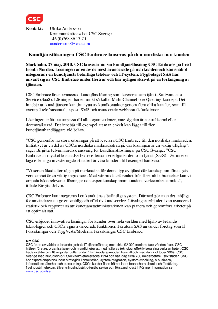 Kundtjänstlösningen CSC Embrace lanseras på den nordiska marknaden