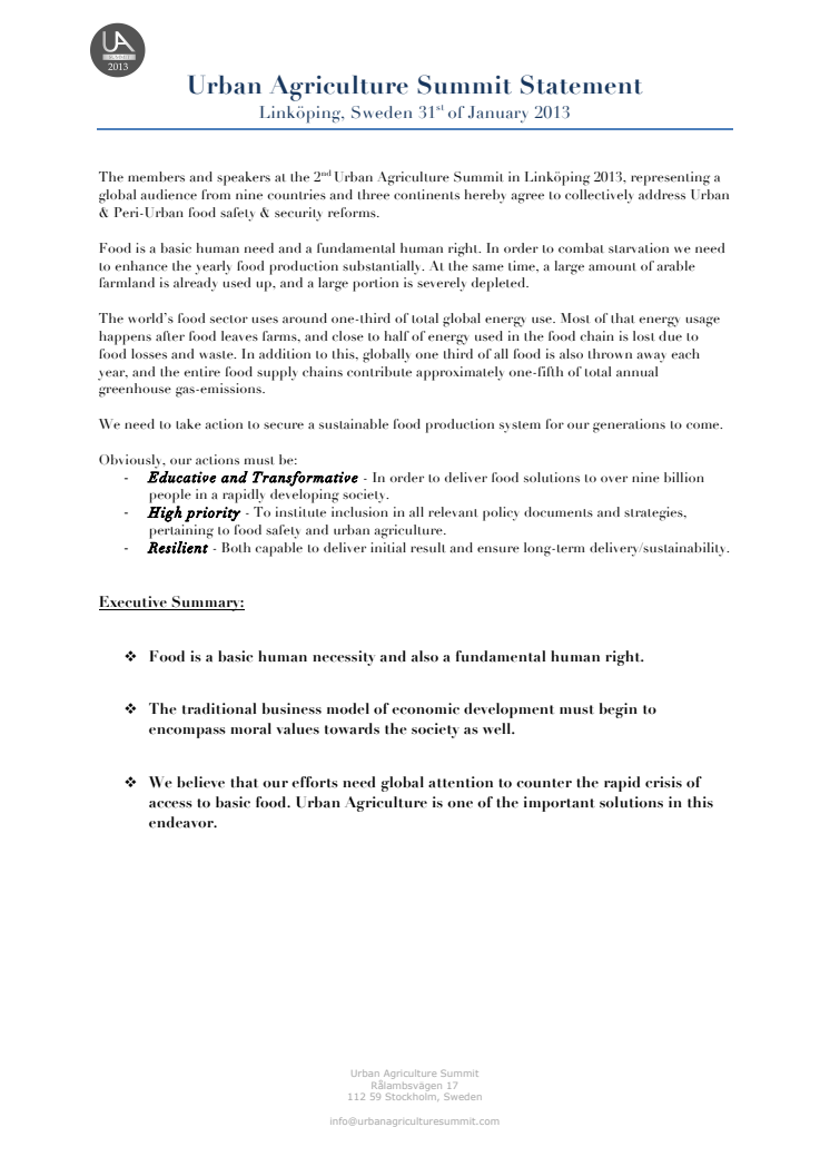 The Urban Agriculture Summit Statement, January 31st 2013