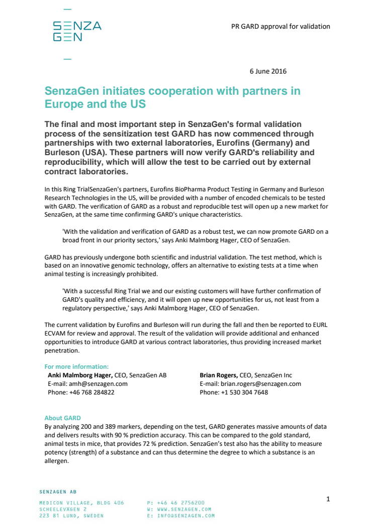 SenzaGen initiates cooperation with partners in Europe and the US
