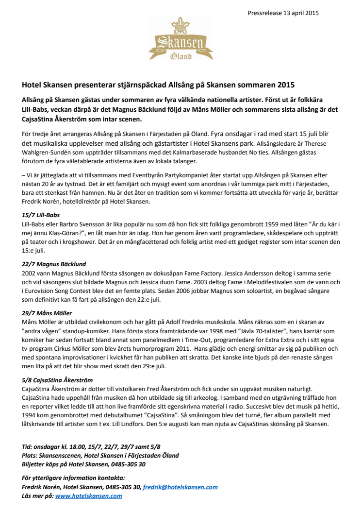 Hotel Skansen på Öland presenterar stjärnspäckad Allsång på Skansen sommaren 2015