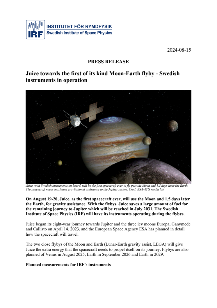 Press release_230815_Juice towards the first of its kind Moon-Earth flyby - Swedish instruments in operation.pdf