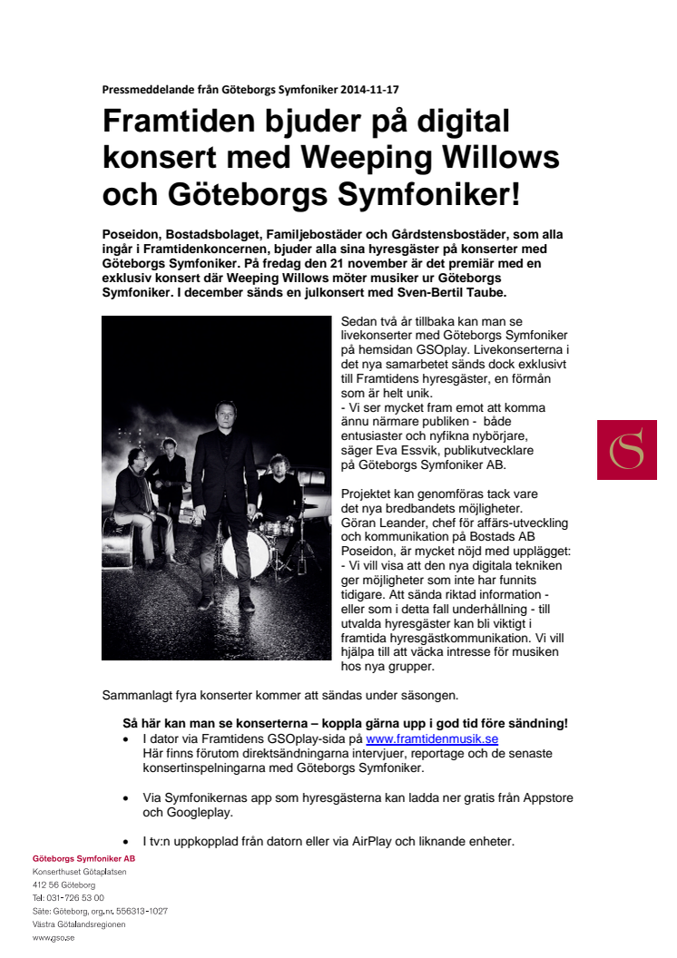 Framtiden bjuder på digital konsert med Weeping Willows och Göteborgs Symfoniker!