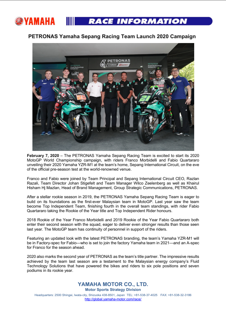 PETRONAS Yamaha Sepang Racing Team Launch 2020 Campaign