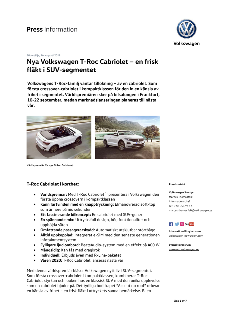 Nya Volkswagen T-Roc Cabriolet – en frisk fläkt i SUV-segmentet