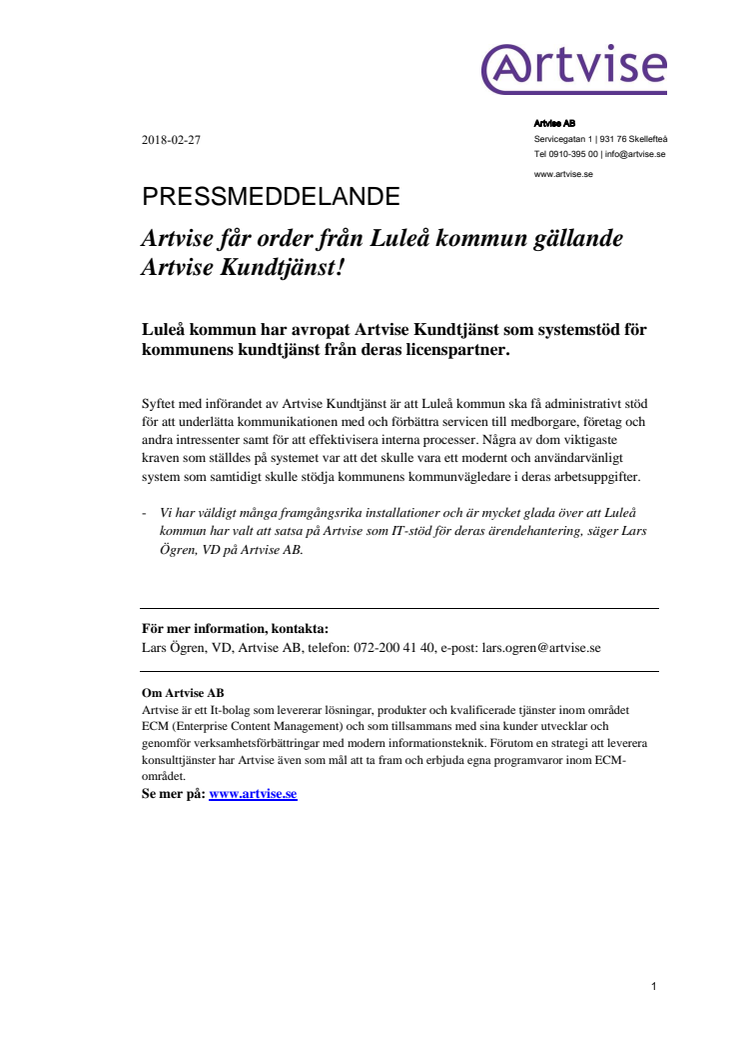 Artvise får order från Luleå kommun gällande Artvise Kundtjänst!