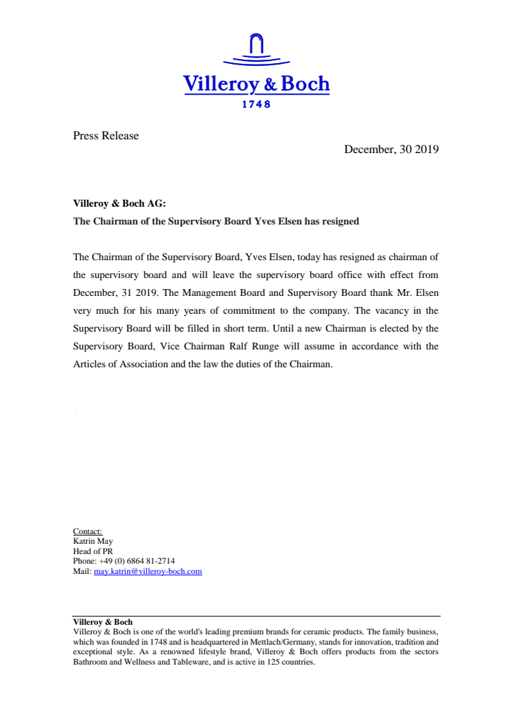 Villeroy & Boch AG:  The Chairman of the Supervisory Board Yves Elsen has resigned