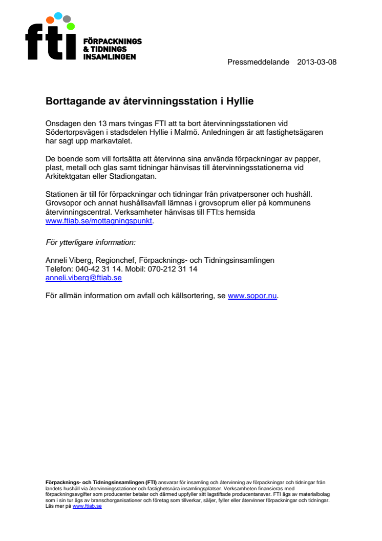 Borttagande av återvinningsstation i Hyllie