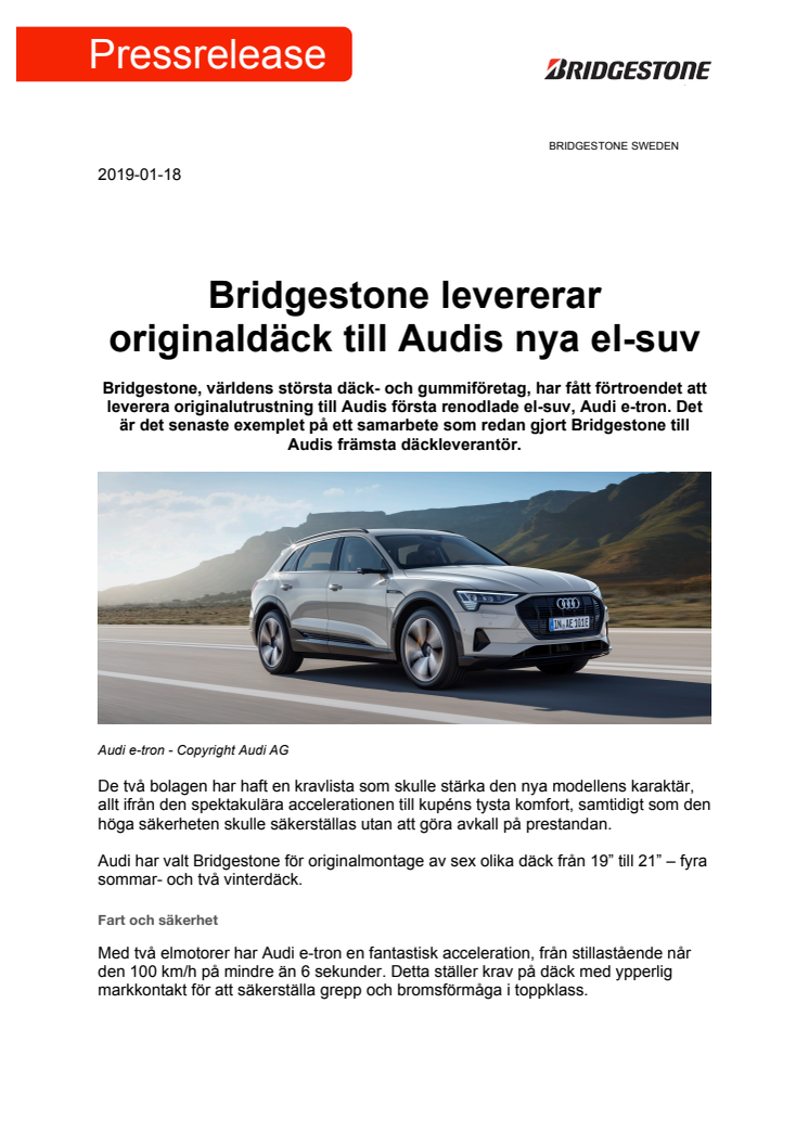 Bridgestone levererar originaldäck till Audis nya el-suv