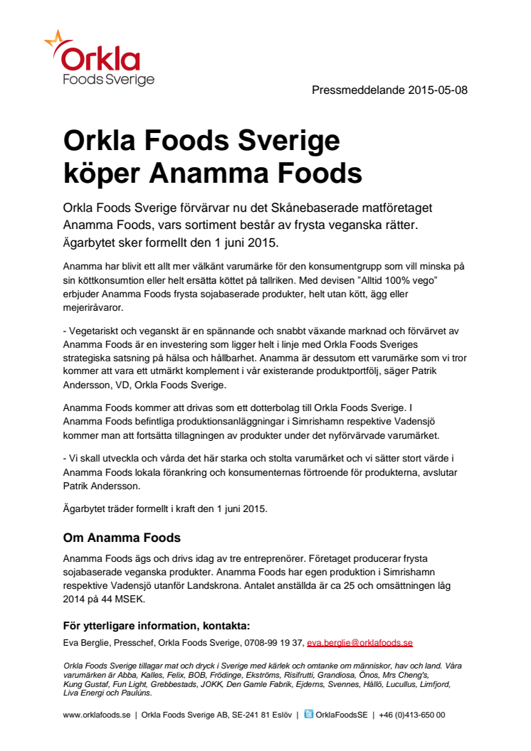 Orkla Foods Sverige köper Anamma Foods