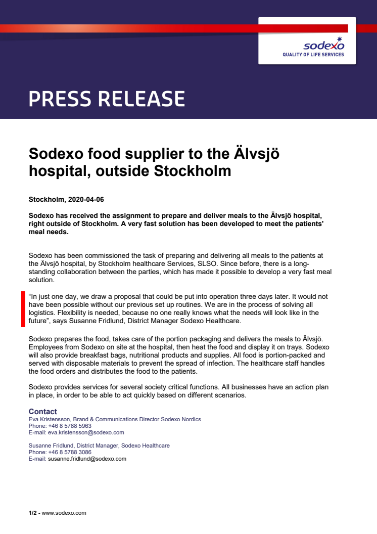  Sodexo food supplier to the Älvsjö hospital, outside Stockholm