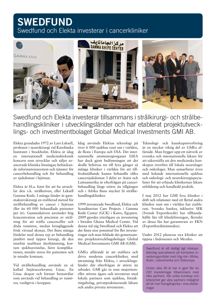 Faktablad: Swedfund och Elekta investerar i cancerkliniker