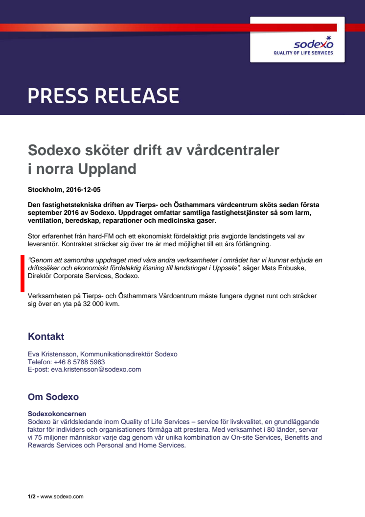 Sodexo sköter drift av vårdcentraler i norra Uppland