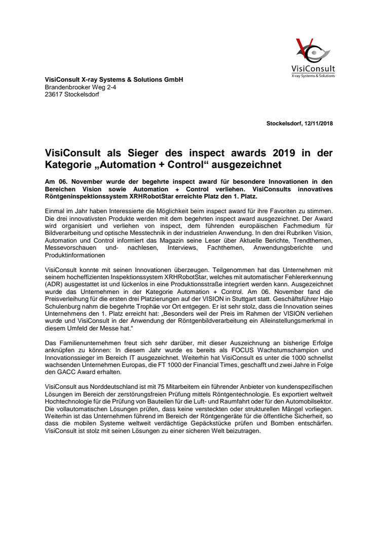 VisiConsult als Sieger des inspect awards 2019 in der Kategorie „Automation + Control“ ausgezeichnet