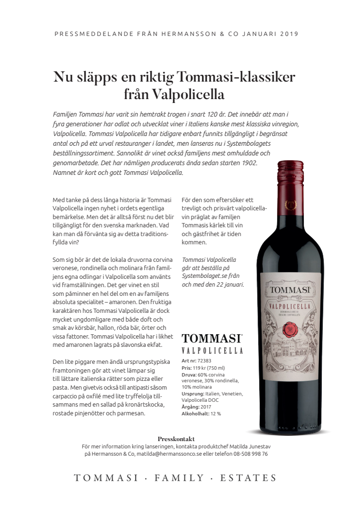 Nu släpps en riktig Tommasi-klassiker från Valpolicella