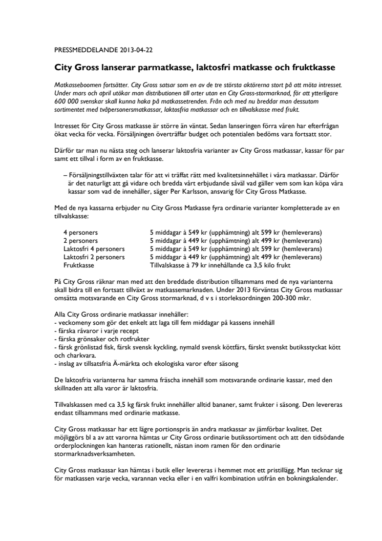 City Gross lanserar parmatkasse, laktosfri matkasse och fruktkasse