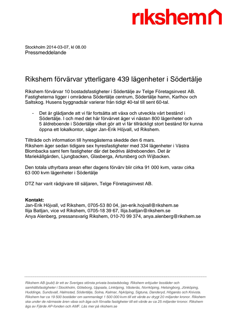 Rikshem förvärvar ytterligare 439 lägenheter i Södertälje