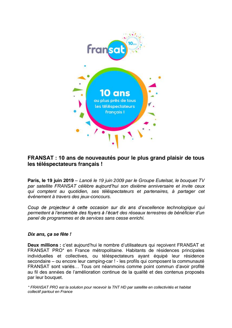 FRANSAT : 10 ans de nouveautés pour le plus grand plaisir de tous les téléspectateurs français ! 