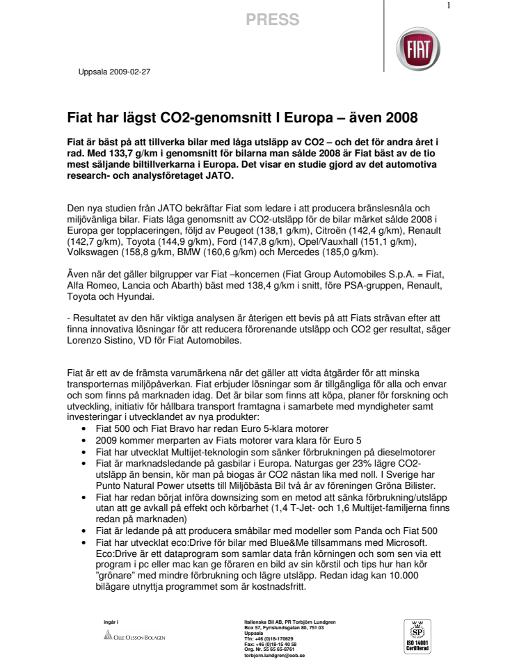 Fiat har lägst CO2-genomsnitt I Europa - även 2008