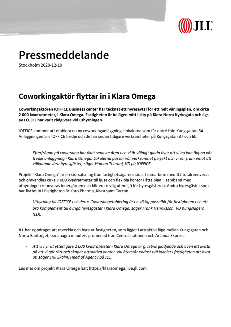 Coworkingaktör flyttar in i Klara Omega