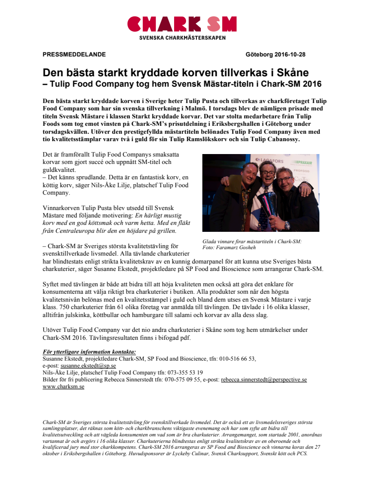   Den bästa starkt kryddade korven tillverkas i Skåne  – Tulip Food Company tog hem Svensk Mästar-titeln i Chark-SM 2016