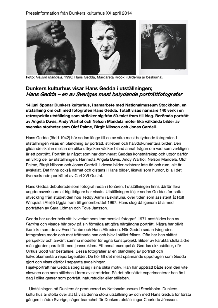 Dunkers kulturhus visar Hans Gedda i utställningen;   Hans Gedda – en av Sveriges mest betydande porträttfotografer