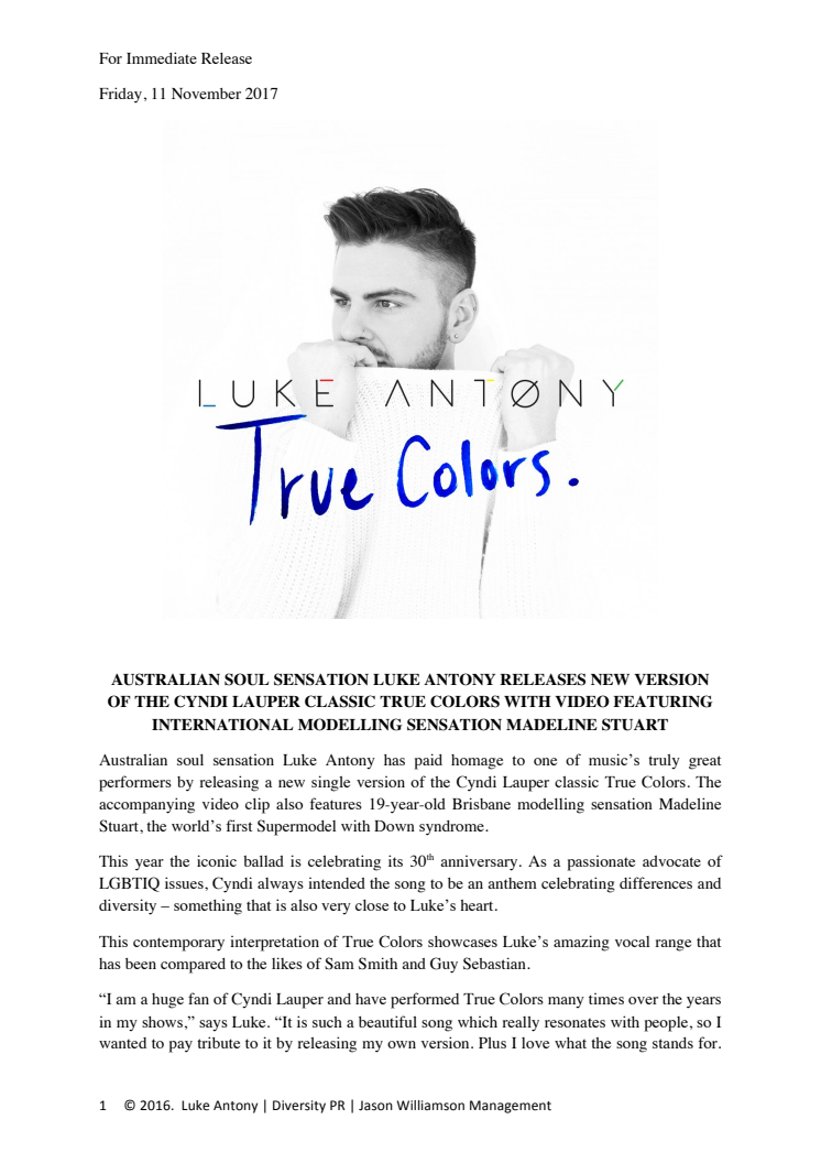 Luke Antony press release - True Colours video release