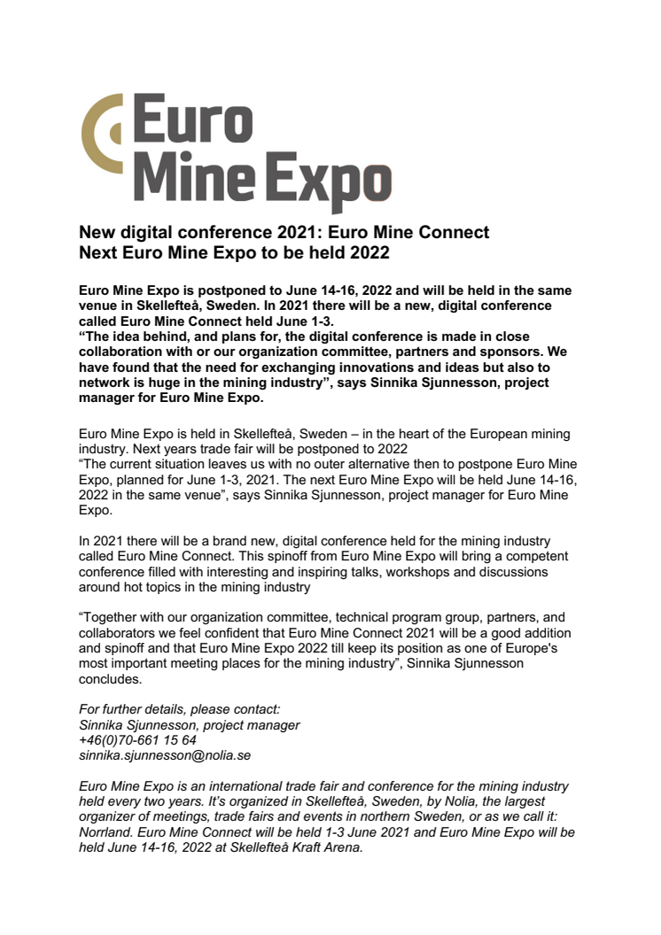 New digital conference 2021: Euro Mine Connect | Next Euro Mine Expo to be held 2022