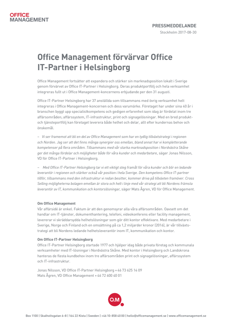 OFFICE MANAGEMENT FÖRVÄRVAR OFFICE IT-PARTNER I HELSINGBORG