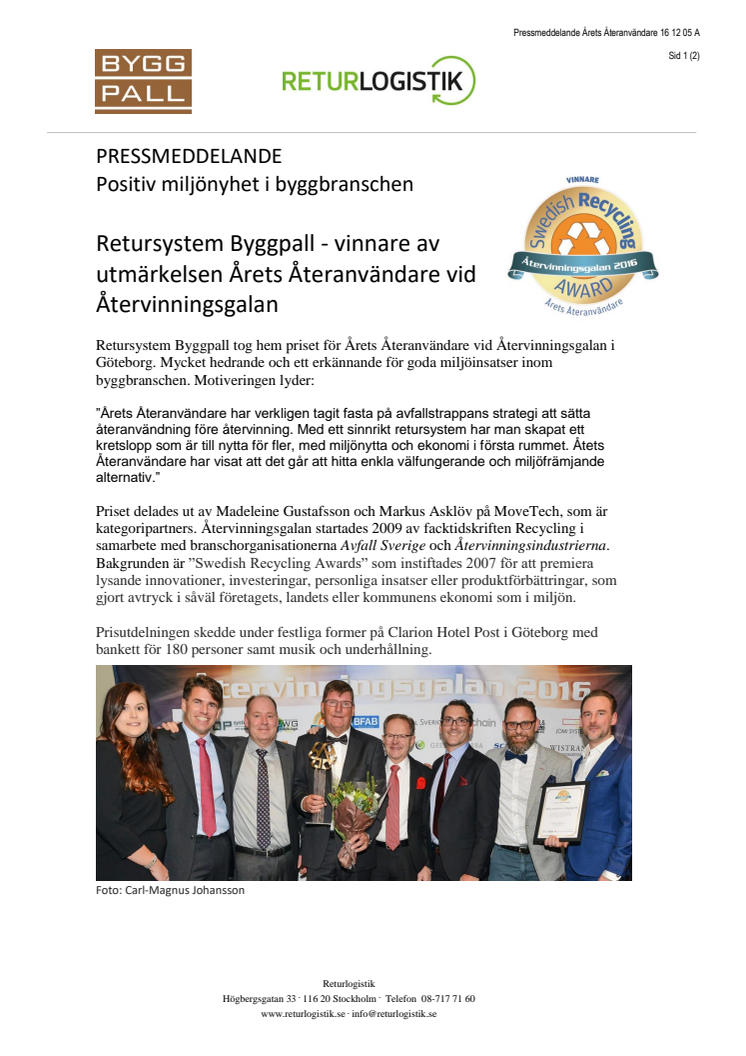Retursystem Byggpall - vinnare av utmärkelsen Årets Återanvändare vid Återvinningsgalan 