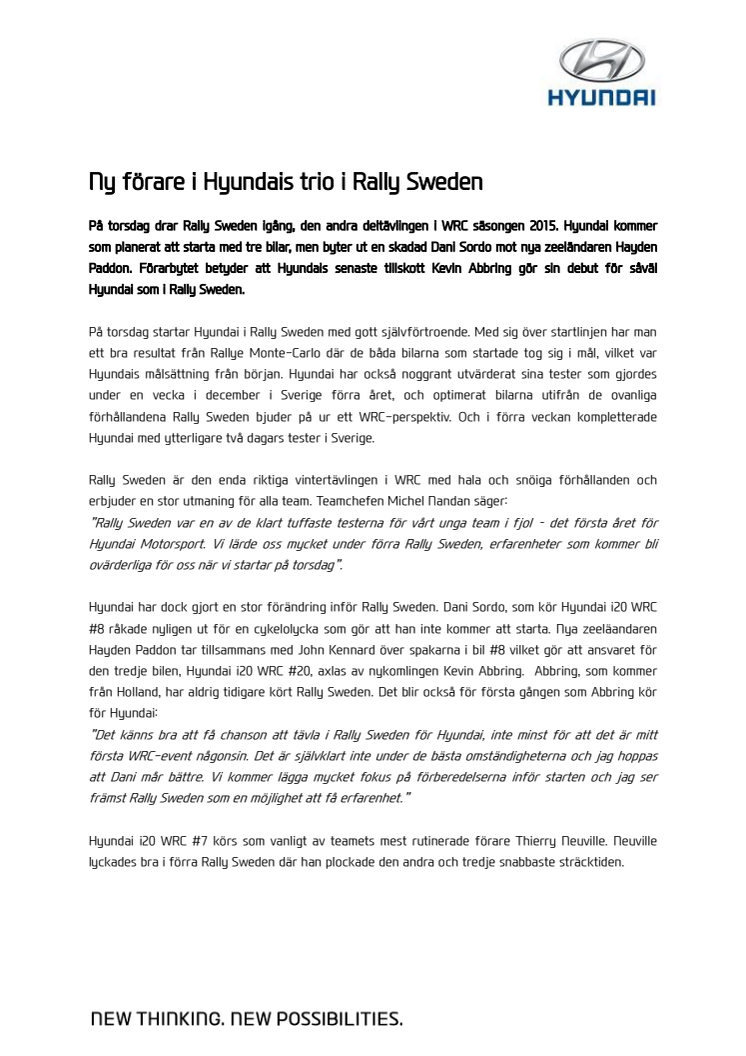 Ny förare i Hyundais trio i Rally Sweden
