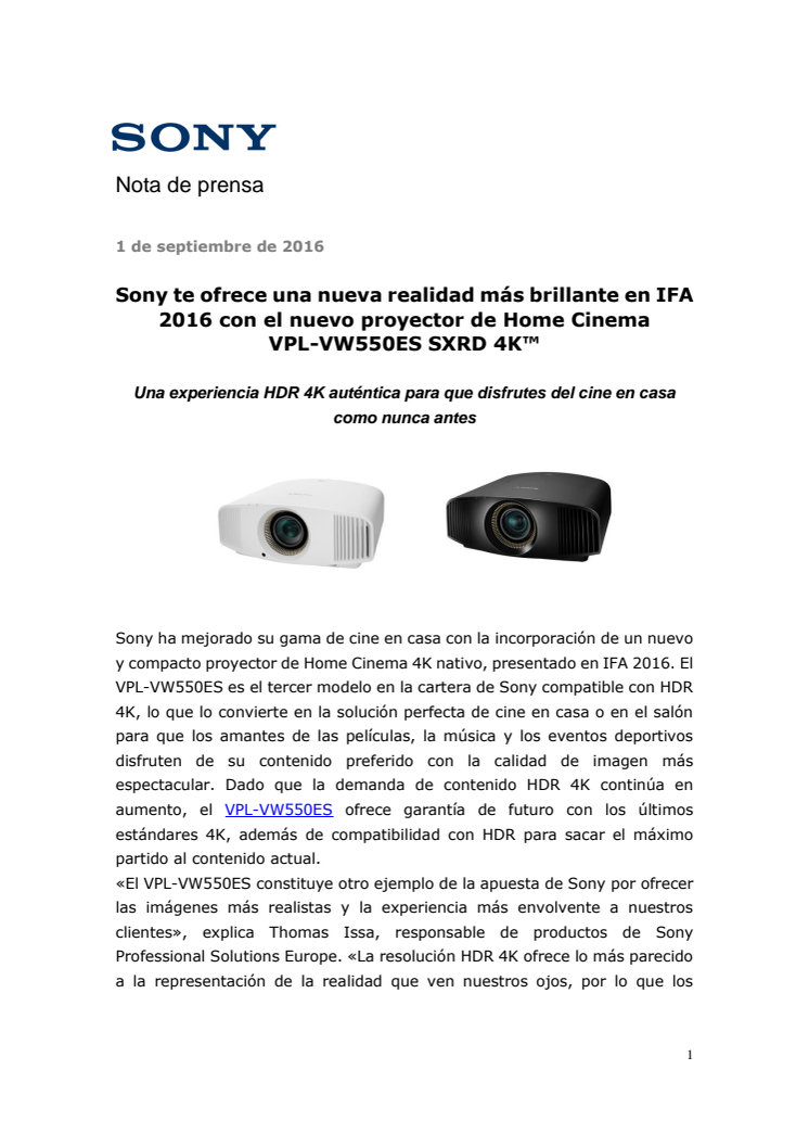 Nuevo proyector de Home Cinema VPL-VW550ES SXRD 4K™