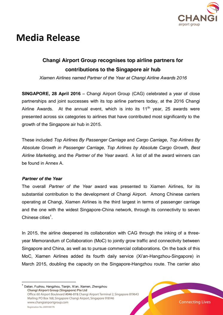 Changi Airport Group recognises top airline partners for contributions to the Singapore air hub
